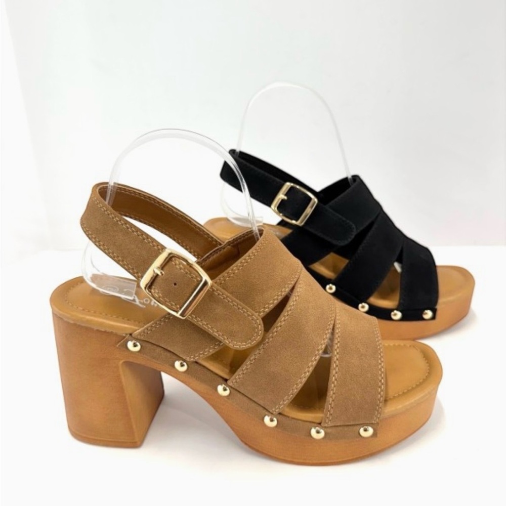 Women’s Suede Strappy Block Heel Sandals - Tan and Black